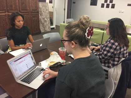 Marissa Mattioli and Allison Tobby meet with their advisor Tiara Woods to discuss the upcoming CMU Program Board event schedule in the Student Activities Center on the campus of Central Michigan University on Thursday, February 23, 2017.